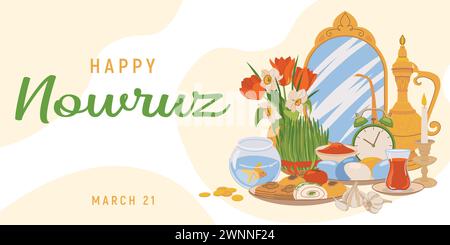 Illustration of a seed (grass) with an oval mirror, eggs, sweets, apples and a lit candle. Greeting card for the celebration of Happy Nowruz, Persian Stock Vector