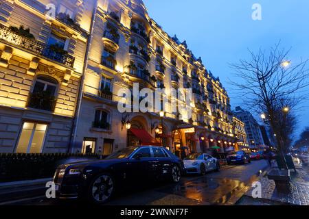 Paris, France-March 02 , 2024 : The Hotel Plaza Athenee dec is a Brunei-owned historic luxury hotel in Paris, France. It is located at Avenue Montaign Stock Photo