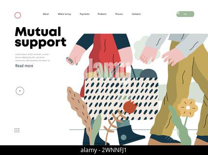 Mutual Support: Helping carry a heavy bag -modern flat vector concept illustration of a woman carrying shopping bag being assisted by man. Metaphor of Stock Vector