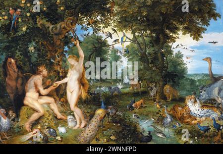 The garden of Eden with the fall of man.  Peter Paul Rubens  and  Jan Brueghel the Elder.  circa 1615. Stock Photo