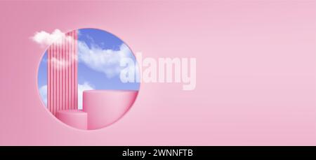 Pink pastel product podium installed behind round window in wall with blue sky and clouds. Realistic 3d vector illustration of two steps cylinder show Stock Vector