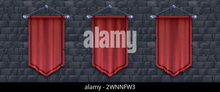 Medieval red cloth banners set isolated on stone background. Vector realistic illustration of silk flags with torn edges hanging on old castle wall, b Stock Vector