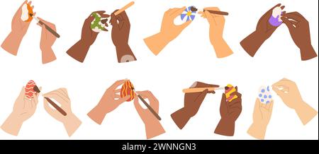 Collection with different hand that painting easter eggs. Painted egg holiday illustration. Vector flat style Stock Vector