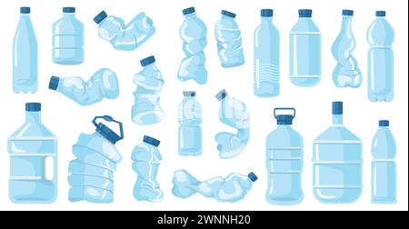 Cartoon crumpled bottles. Broken containers for drinking water. Plastic garbage. Crushed empty packages. Disposable flasks. Compressed pack. Trash dis Stock Vector