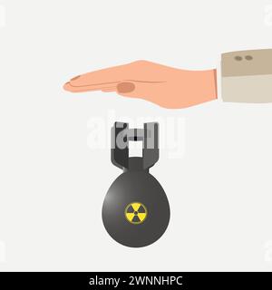 The hand releases the nuclear bomb. Concept of war with light hands. Vector. Stock Vector