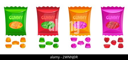 Cartoon gummy sweets packages. Colorful jelly gum candies. Different shapes and flavors. Juicy fruits marmalade. Chewing kids desserts. Foil packs. Ge Stock Vector