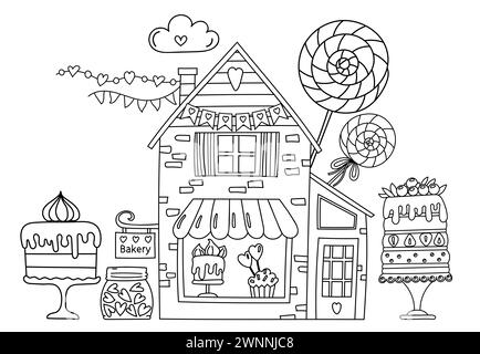 Coloring Page - Sweet Bakery Illustration With Lots Of Sweets, Cakes, Candies - Coloring Book For Children Stock Vector