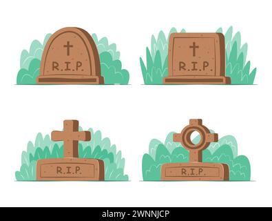 Set of Hand Drawn Gravestone in Flat Design Style Stock Vector