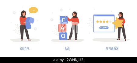 Customer support. Arabian female characters ask questions, read guides and leave feedback. FAQ concept. Online help service. Set of vector Stock Vector