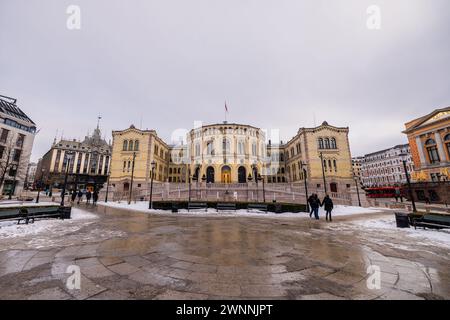 Outside view of norwegian parliament building in the centre of Oslo on a cold rainy winter day. Murky weather in front of parliament. Stock Photo