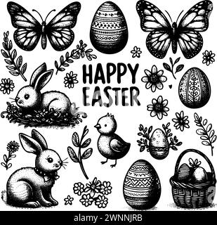A collection of black and white images Easter animals and flowers. The images include rabbit, a butterfly, chicken, and basket of eggs. Scene is cheerful and celebratory Stock Vector