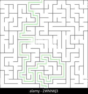 Education logic game labyrinth for kids. Find right way. Isolated simple square maze black line on white background. With the solution. Vector illustration. Stock Vector