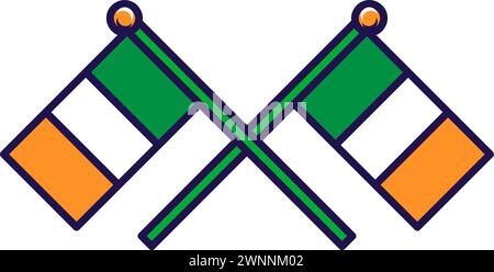 Ireland country crossed flags on flagpole for meeting foreign Tourists. Traditional festive element, attributes of St. Patrick Day and Independence Da Stock Vector