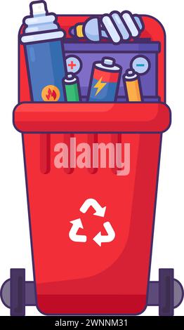 Fulled opened lid container for storing, recycling and sorting used household hazardous waste. Red transportable trash bin for combustible and flammab Stock Vector