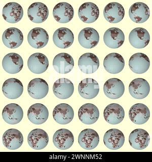 Collection of earth globes. Slanted sphere view. Rotation step 10 degrees. Colored countries style. Stock Vector