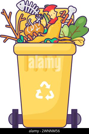 Fulled opened lid container for storing, recycling and sorting used household organic waste. Transportable trash bin for leftover food, vegetables and Stock Vector
