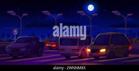 Cars parked in public city parking lot at night. Cartoon vector dark dusk landscape with vehicles stand on asphalt road with signs and zone layout und Stock Vector