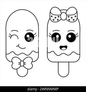 Cute Ice Cream Couple Coloring Page. Kawaii Ice Cream With Smiling Face Illustration. Cartoon Popsicle Stock Vector