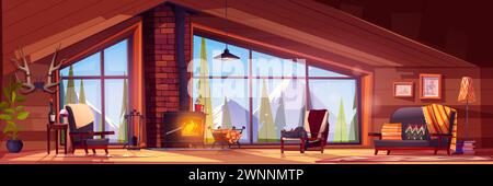 Winter cabin interior - cartoon hotel or rustic chalet cozy living room with fireplace, armchair and table with wine, mountain with snow and spruce tr Stock Vector