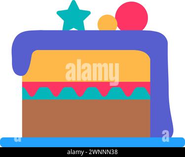 Cut Party piece of cake filled with icing, birthday symbol. Simple style festive piece of cake for design of children entertainment center. Color stro Stock Vector