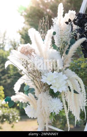Eucalyptus and Pampas grass wedding floral display Stock Photo