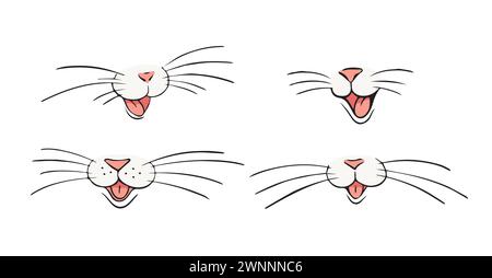 Happy cat face with nose, mustache and mouth set. Linear drawing of an animal s face, a mask for a children s party. Vector illustration isolated on w Stock Vector