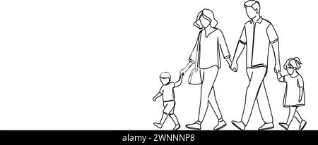 continuous single line drawing of parents with their two kids walking hand in hand, line art vector illustration Stock Vector