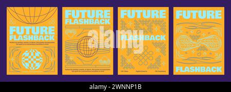 Retro futuristic vibe announcement flyers set. Vector realistic illustration of y2k aesthetic techno banners, retrowave style poster with abstract geo Stock Vector