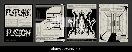 Poster design template in y2k aesthetic with abstract tribal elements, grid and typography. Vector set of banner layout in trendy grunge brutalism 90s Stock Vector