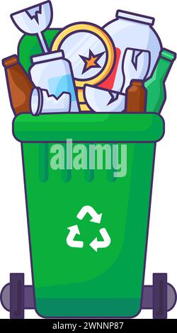 Fulled opened lid container for storing, recycling and sorting used household glass waste. Green transportable trash bin for glass shards and bottles. Stock Vector
