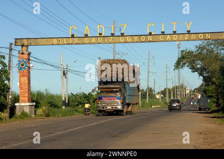 Overloaded trucks carrying sugarcane crop on road from Cadiz City to Bacolod, Negros Occidental, Philippines. Stock Photo