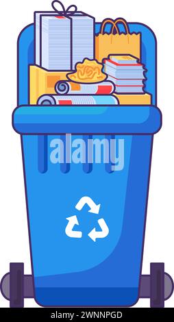 Fulled opened lid container for storing, recycling and sorting used household paper waste. Blue transportable trash bin for scrap paper, books and car Stock Vector