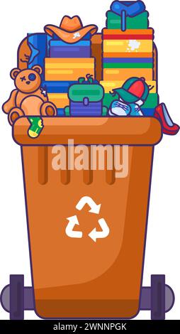 Fulled opened lid container for storing, recycling and sorting used household textile waste. Transportable trash bin for scraps of fabric, toys and ol Stock Vector