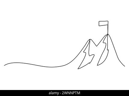 Flag on the top of the mountain, one line drawing vector illustration. Stock Vector