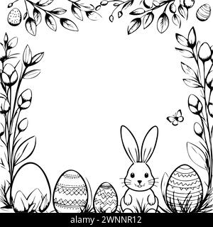 A black and white drawing rabbit and three eggs. rabbit is sitting in grass next to the eggs Stock Vector
