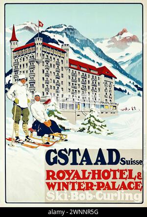 Vintage Winter Sport Poster: Gstaad, Switzerland- Royal Hotel and Winter Palace 1930s Stock Photo