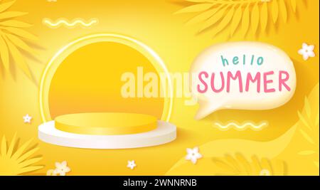 Hello summer banner for hot season with 3d podium Stock Vector