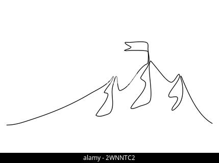 Flag on the top of the mountain, one line drawing vector illustration. Stock Vector