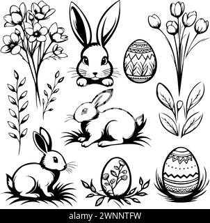 A set of black and white drawings rabbits and flowers. The rabbits are sitting on grass and the flowers are in the background Stock Vector