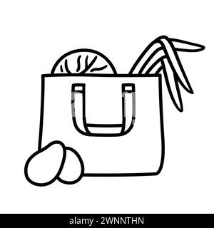 Shopping bag with fresh produce, organic vegetables from farmers market. Simple black and white doodle line icon. Hand drawn vector illustration. Stock Vector