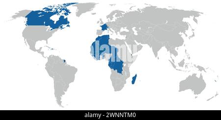 French language speaking countries on political map of the world Stock Vector
