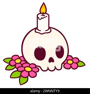 Cartoon skull drawing with candle and flowers. Day of the Dead decoration. Cute tattoo flash or sticker, hand drawn doodle. Vector illustration. Stock Vector
