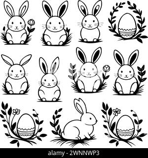 A set black and white rabbits sitting on grass with flowers and an egg. The rabbits are all different sizes and are arranged in a row Stock Vector