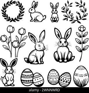 A collection black and white images rabbits and eggs. rabbits are sitting and standing in various positions, while the eggs are scattered around them Stock Vector