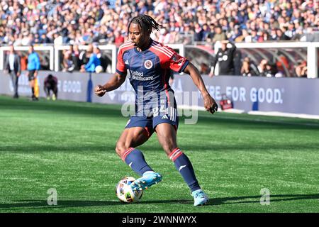 Foxborough Massachusetts, USA. 3rd Mar, 2024. Massachusetts, USA; New England Revolution midfielder DeJuan Jones (24) controls the ball during the second half against the Toronto FC in Foxborough Massachusetts. Mandatory credit Eric Canha/CSM/Alamy Live News Stock Photo