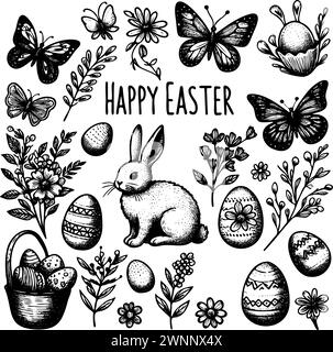 A black and white drawing Easter flowers and rabbit. The rabbit is sitting in a basket of eggs Stock Vector