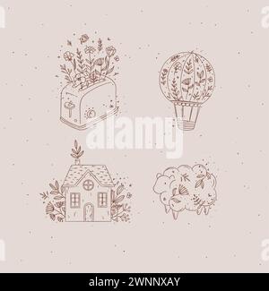 Hand drawn hot air balloon, toaster, village house, sheep icons drawing in floral style with brown on pink background Stock Vector
