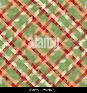 Thin check pattern seamless, checks vector fabric plaid. Diamond tartan texture background textile in green and red color. Stock Vector