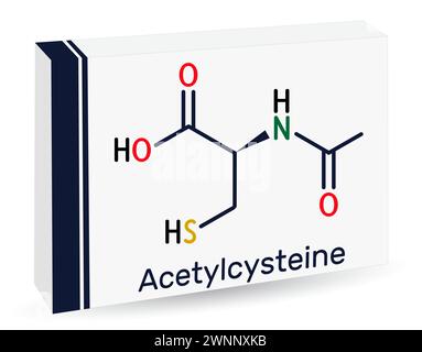 Acetylcysteine, N-acetylcysteine, NAC drug molecule. It is an antioxidant and glutathione inducer. Skeletal chemical formula. Paper packaging for drug Stock Vector