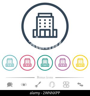 Office building outline flat color icons in round outlines. 6 bonus icons included. Stock Vector